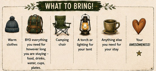 What to bring — packing list for the camping weekend.