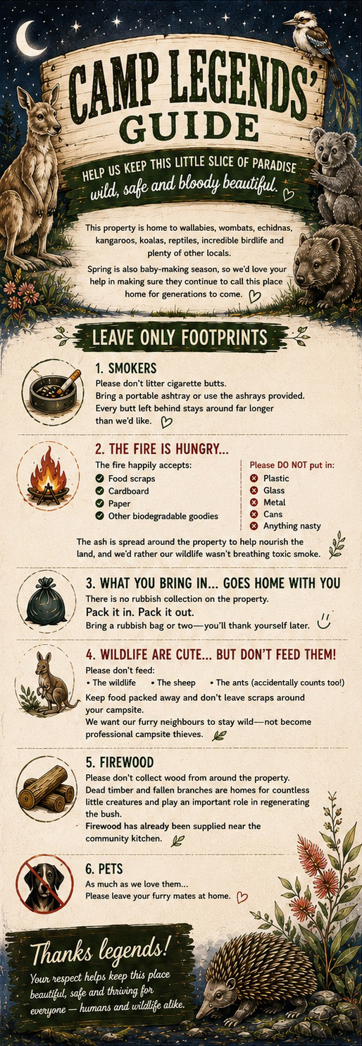 Camp Legends' Guide — leave only footprints, wildlife and fire safety rules.