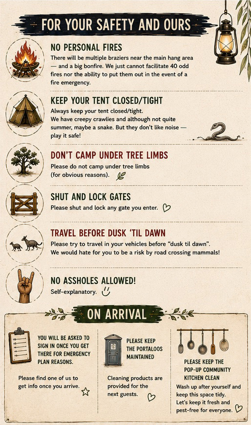 Camp guide continued — arrival tips and weekend reminders.